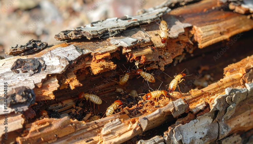 Fototapeta premium Termites infesting a wooden log, showcasing insect behavior and wood damage