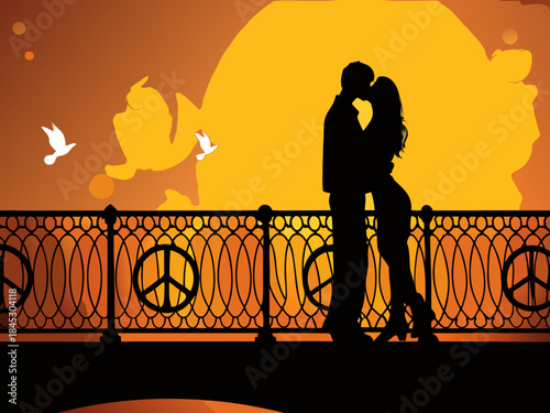 A romantic couple silhouetted against a vibrant sunset with flying birds