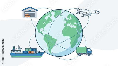 Global logistics network. Cargo ship airplane truck warehouse connected lines. Supply chain freight distribution import export trade. International commerce delivery. World shipping.