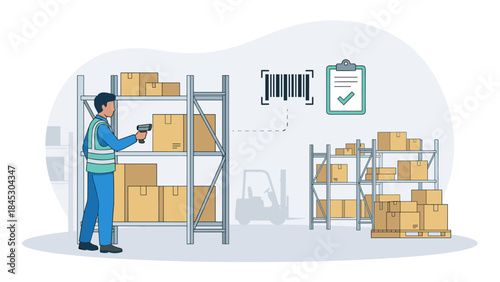 Warehouse worker scanning box. Inventory management. Logistics distribution center. Man with barcode scanner checking stock. Supply chain, storage, shipping, wholesale vector concept.