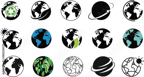 Collection of Earth Globe Icons with Recycling Nature and Planetary Symbols for Environmental and Sustainability Topics