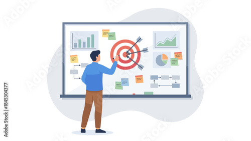 Business goal setting strategy. Man drawing target on whiteboard. Financial graphs charts. Planning success achievement. Marketing analysis presentation. Corporate project development.