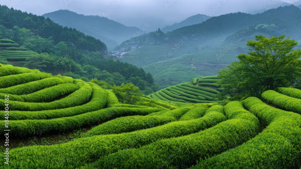Fototapeta premium In a rural area, tea fields span across rolling hills. The crops are arranged in winding patterns. Clouds hang low above the landscape, creating a misty scene