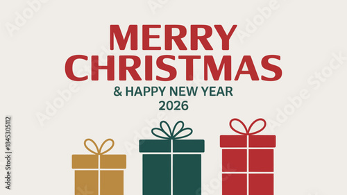 Merry Christmas and Happy New Year 2026 festive gift boxes