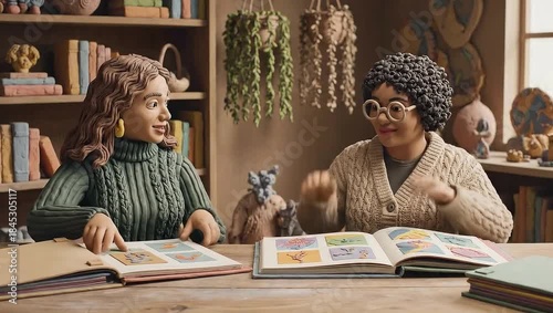 Two Friends Exploring Botanical Books in a Cozy Claymation Setting.