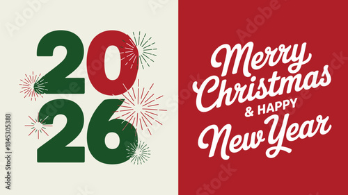 Merry Christmas and Happy New Year festive greeting card 2026