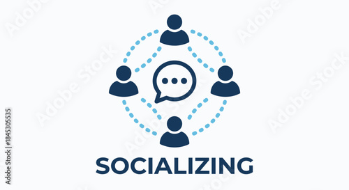Socializing Circle: An engaging illustration of a network of people connected through a central dialogue bubble, representing the essence of community, communication, and social interaction.