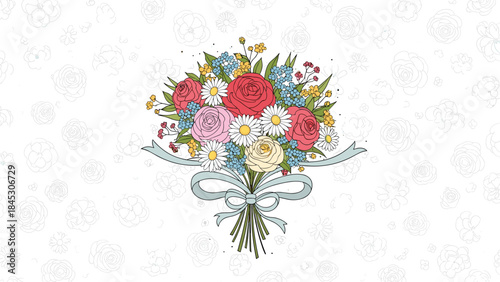 Beautiful bouquet of vibrant colorful flowers, including roses and daisies, elegantly tied with a blue ribbon, on a subtle floral background.