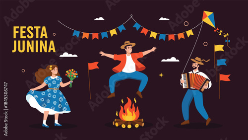 Lively Festa Junina celebration scene with people dancing and playing accordion around a bonfire, decorated with colorful banners and kites.