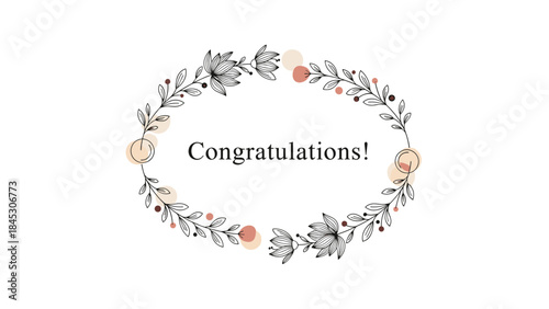 Elegant oval wreath made of delicate line-art flowers and leaves with soft pastel accents, beautifully framing the "Congratulations!" text.
