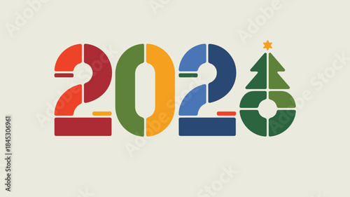 Vibrant 2020 New Year celebration with colorful numbers and Christmas tree