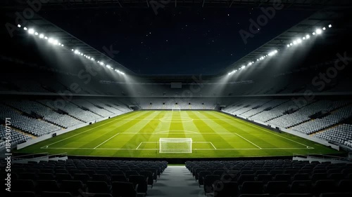 Empty football stadium illuminated by bright floodlights under a dark starry night sky waiting for the thrilling championship match