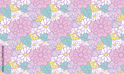 Seamless floral pattern featuring soft pastel flowers on a light lavender background.Perfect for spring, summer, fashion, and lifestyle projects.