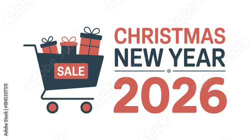 Christmas New Year 2026 sale shopping cart with gifts