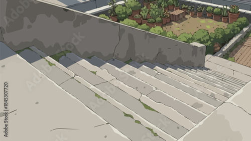 都会の屋上庭園に続く風化したコンクリートの階段、苔のディテールが施されたひび割れた階段、落ち着いたニュートラルな建築背景