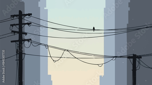 色あせた電線が狭い都市の空を横切る、ミニマリストな日本の都市の衰退ベクター背景