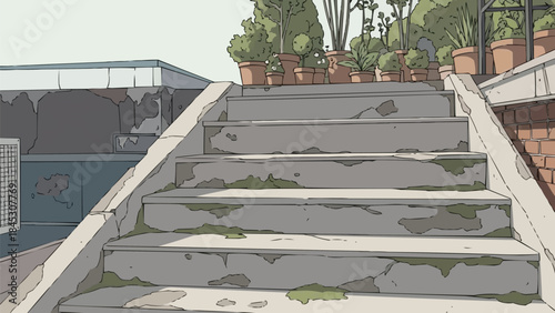 都会の屋上庭園に続く風化したコンクリートの階段、苔のディテールが施されたひび割れた階段、落ち着いたニュートラルな建築背景