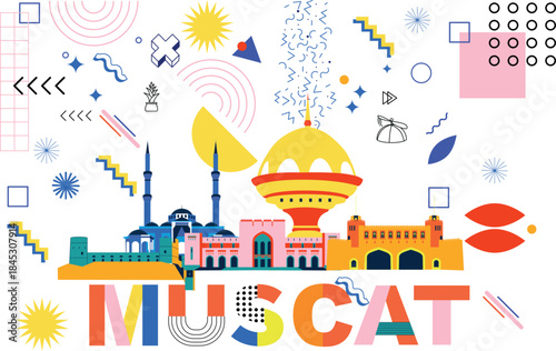 Typography word Muscat branding technology concept. Collection of flat vector web icons. Arabian culture travel set, Memphis architectures, specialties detailed silhouette. Doodle famous landmarks.