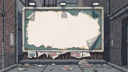 都会の路地にある抽象的な剥がれた看板フレーム、錆びた金属の質感、広告やモックアップ用の空きスペース、グランジの街の壁のデザイン