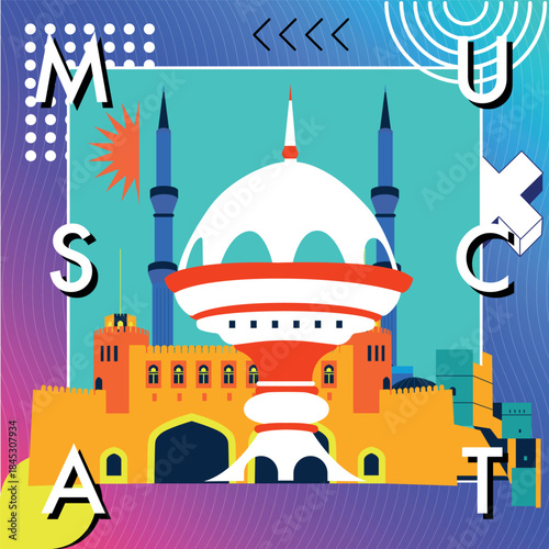 Typography word Muscat branding technology concept. Collection of flat vector web icons. Arabian culture travel set, Memphis architectures, specialties detailed silhouette. Doodle famous landmarks.