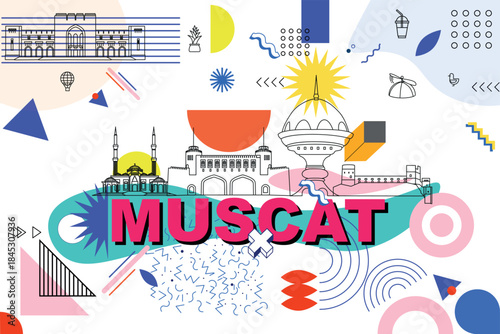 Typography word Muscat branding technology concept. Collection of flat vector web icons. Arabian culture travel set, Memphis architectures, specialties detailed silhouette. Doodle famous landmarks.