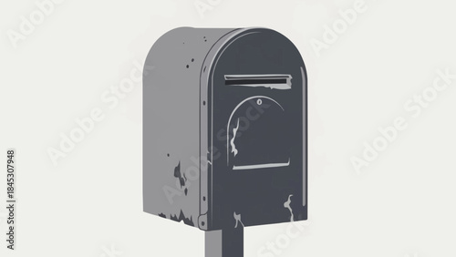 緑青とへこみのある古い都市の郵便受け、ミニマリストのシルエット、落ち着いたグレーのトーン、汚れた街の通りの詳細、ビンテージの郵便受けのデザインのベクターイラスト
