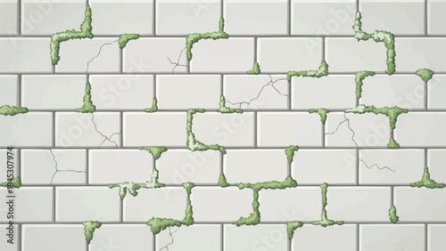 ひび割れた地下鉄のタイルの壁に生えるミニマリストのフラットベクターコケ、非対称パターンデザイン、柔らかい緑と白の抽象的な背景