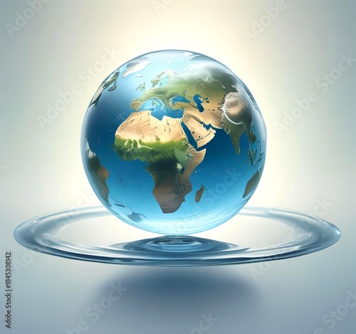 Planet Earth emerging from a single water drop, smooth gradients