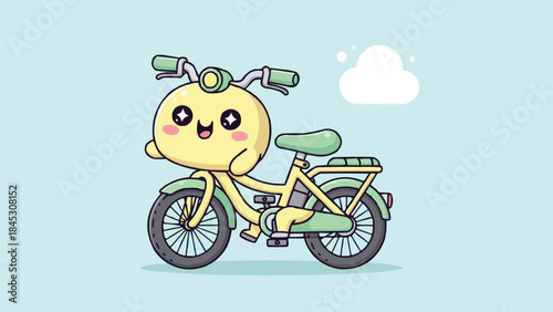 笑顔のかわいいぽっちゃり電動自転車のアイコン、パステルイエローとグリーン、楽しくペダルをこぐ、持続可能な輸送のベクターイラスト