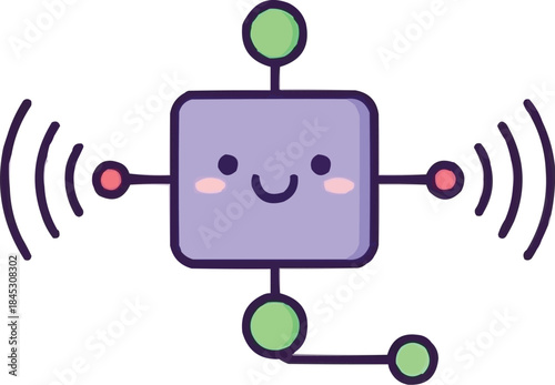 かわいいスマートグリッドアイコンと笑顔、エネルギーノードのイラスト、パステルパープルとグリーンのテクノロジー、未来的な電力ネットワークのコンセプト