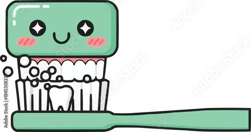 キラキラ輝く目、赤らんだ頬、新鮮なミントグリーンの漫画イラストで歯を磨くかわいい竹製の歯ブラシのアイコン