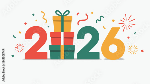 Vibrant 2026 celebration with gifts and fireworks