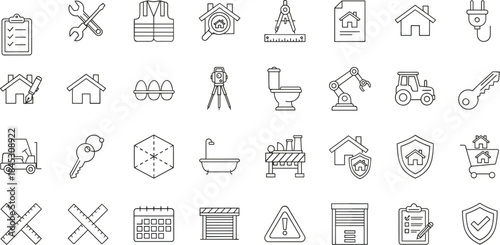 Construction and home service line icons vector set, building tools safety renovation symbols, modern black outline illustration collection