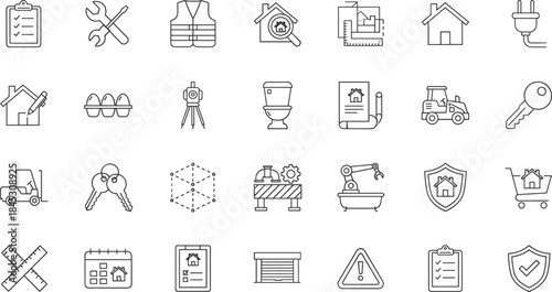Construction and home service line icons vector set, building renovation safety tools symbols, modern black outline illustration