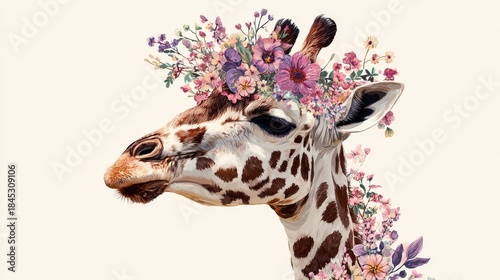 Whimsical Portrait of a Realistic Giraffe with Colorful Floral Crown and Garland on White Background