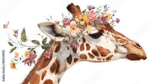 Whimsical Portrait of a Realistic Giraffe with Colorful Floral Crown and Garland on White Background