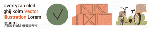 E-commerce logistics, shipping solutions, delivery services, transportation, storage management, sustainable delivery. Stacked boxes, checkmark cargo bike with package. E-commerce logistics
