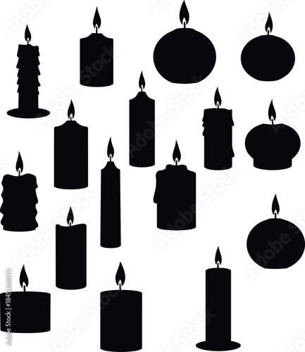 Candle silhouette vector set, burning wax candles collection, black flat romantic spa meditation decor icon illustration