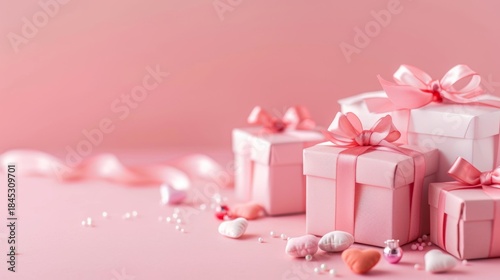 Minimal Pink Valentine Background with Gift Boxes and Heart Decorations, Large Copy Space