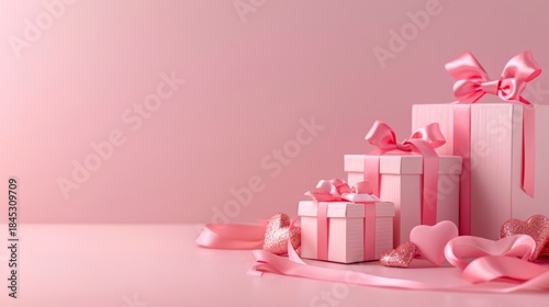Minimal Pink Valentine Background with Gift Boxes and Heart Decorations, Large Copy Space