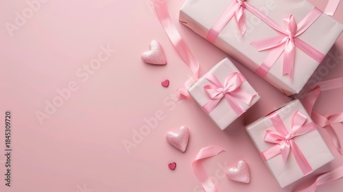 Minimal Pink Valentine Background with Gift Boxes and Heart Decorations, Large Copy Space