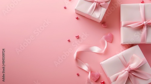 Minimal Pink Valentine Background with Gift Boxes and Heart Decorations, Large Copy Space