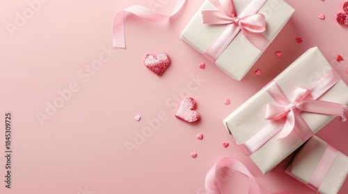 Minimal Pink Valentine Background with Gift Boxes and Heart Decorations, Large Copy Space