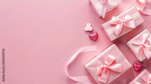 Minimal Pink Valentine Background with Gift Boxes and Heart Decorations, Large Copy Space