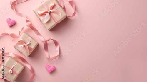 Minimal Pink Valentine Background with Gift Boxes and Heart Decorations, Large Copy Space