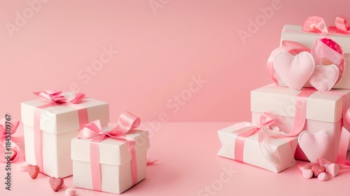 Minimal Pink Valentine Background with Gift Boxes and Heart Decorations, Large Copy Space