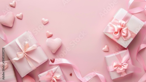 Minimal Pink Valentine Background with Gift Boxes and Heart Decorations, Large Copy Space