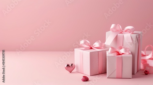Minimal Pink Valentine Background with Gift Boxes and Heart Decorations, Large Copy Space