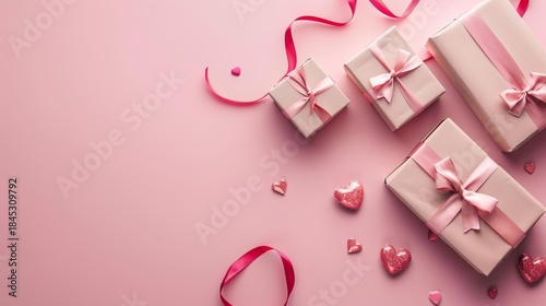 Minimal Pink Valentine Background with Gift Boxes and Heart Decorations, Large Copy Space