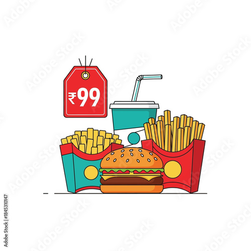 Fast food meal combo with price tag illustration isolated on transparent background